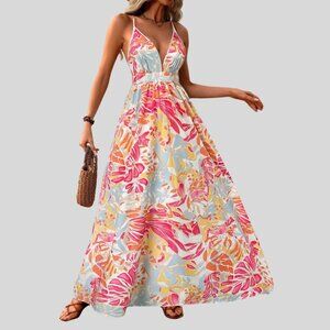 Criss Cross Tropical Print Maxi Dress